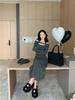 Niche Design Sense Neck Word Shoulder Long Sleeve Dress Women's Spring New Slim and Thin a Word Medium and Long Skirt