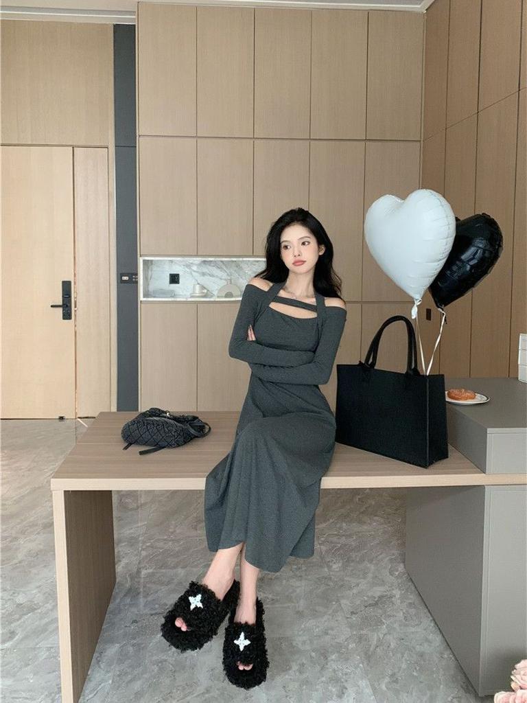 Niche Design Sense Neck Word Shoulder Long Sleeve Dress Women's Spring New Slim and Thin a Word Medium and Long Skirt