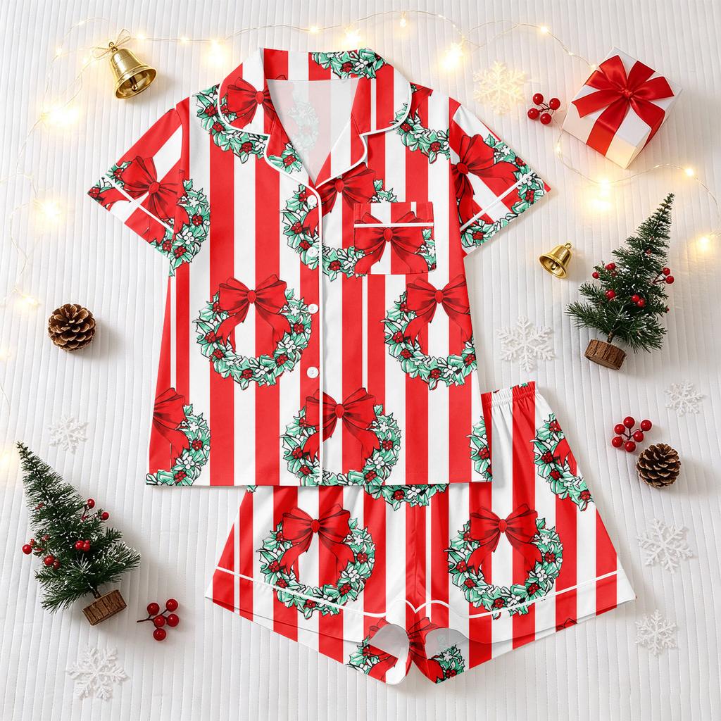 Women's Christmas Pajama Set Short Sleeve Button Down Shirt and Shorts Sleepwear