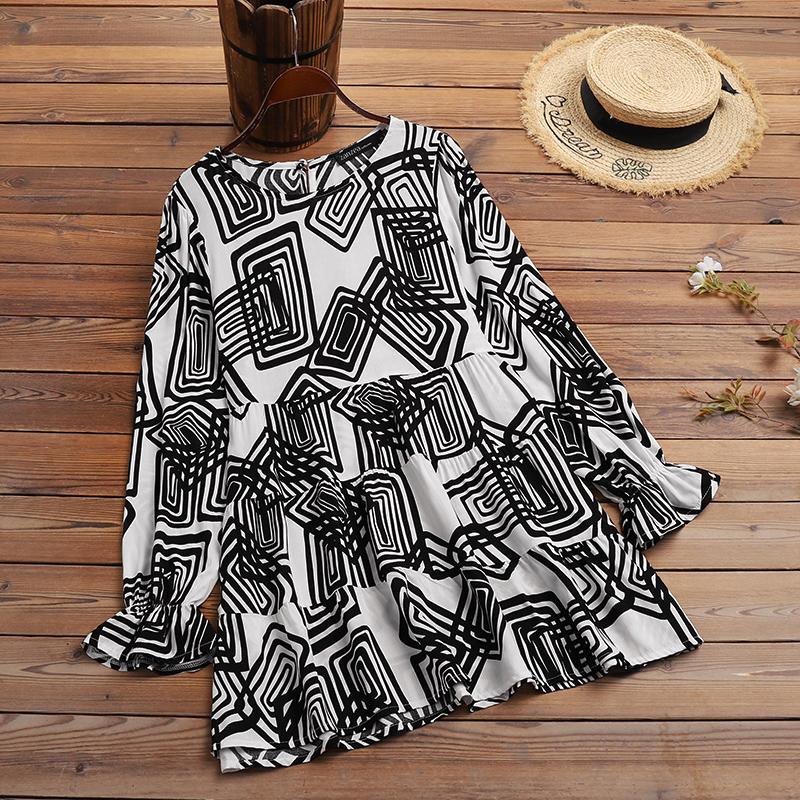 

ZANZEA Геометрическая рюши Казальная плиссированная рубашка Блузка с рюшами - круглый вырез