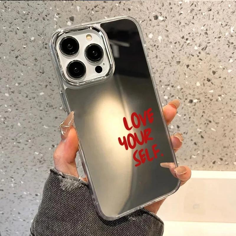 Red Letter Love Yourself Makeup Mirror Phone Case For iPhone 17 AIR 16 15 14 13 12 11 PRO MAX PLUS Y2K Bumper Red Quote Cover