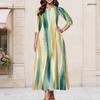 Women Plus Size Round Neck Keyhole 3 4 Sleeve Long Dress Watercolor Striped Print Green Yellow