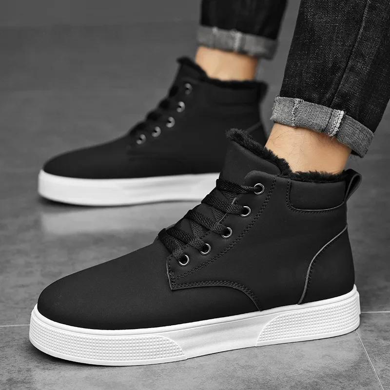 2024 Men's Boots Winter New Denim Boots Fashion Warm Korean Edition Trendy Student Versatile Work Boots Black Flat Cotton Shoes
