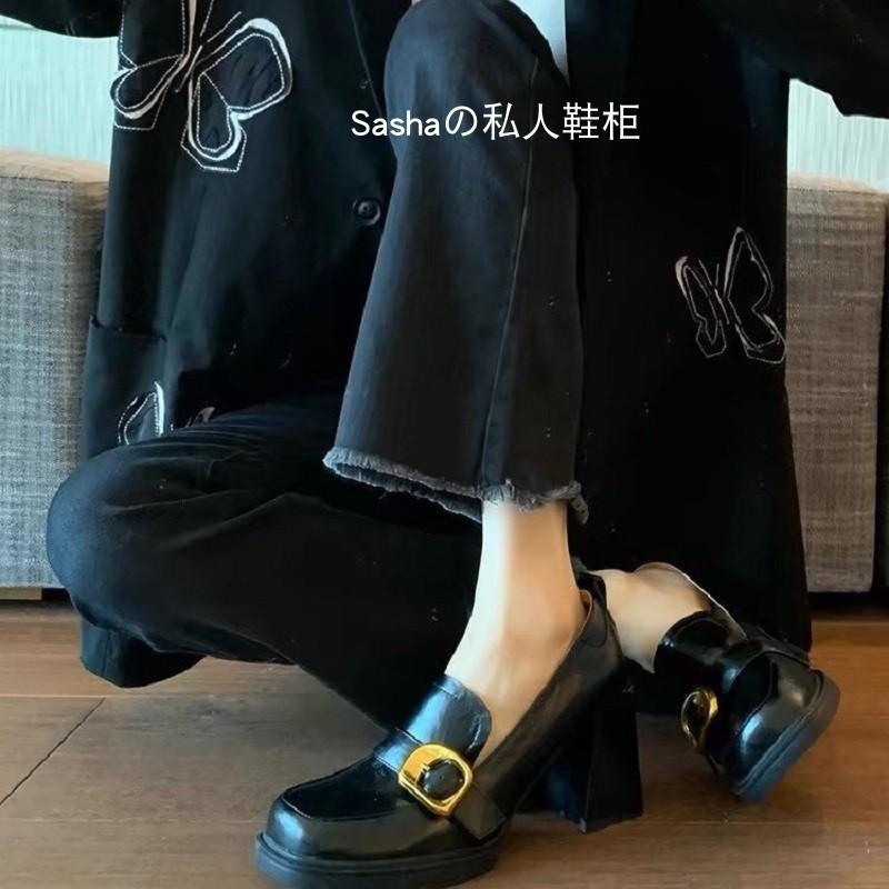 Retro British style one-pedal loafers square head high-heeled small leather shoes women's shoes thick-heeled single shoes Mary Jane women's shoes