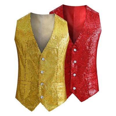 Colete masculino com lantejoulas brilhantes, sem mangas, slim fit, cardigan, gola v, ajustável, fivela traseira, show de palco, desempenho emcee, colete masculino