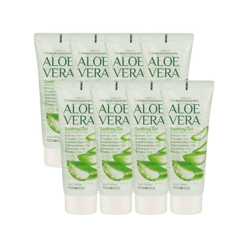 (8 Pieces) Foodaholic Aloe Vera Soothing Gel 100ml/Tube Portable Contains Centella Asiatica Extract, Soothing, Quick Moisturizing