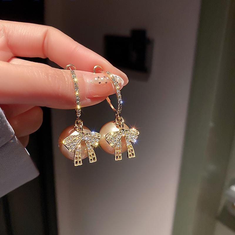 Gold Zircon Bowknot Stud Earrings With Red Pearl Flower Festive Christmas Jewelry Gift For Women