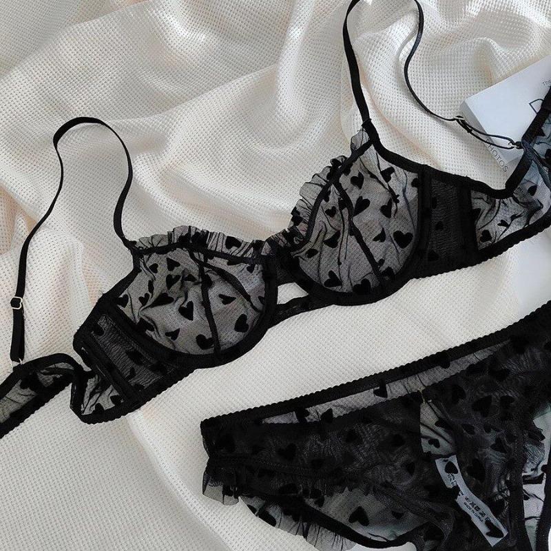 French Heart Print Transparent Lingerie Set Ultra Thin Underwire Bra Lace Sexy Push Up Gathering Small Breast Boost Hot Selling