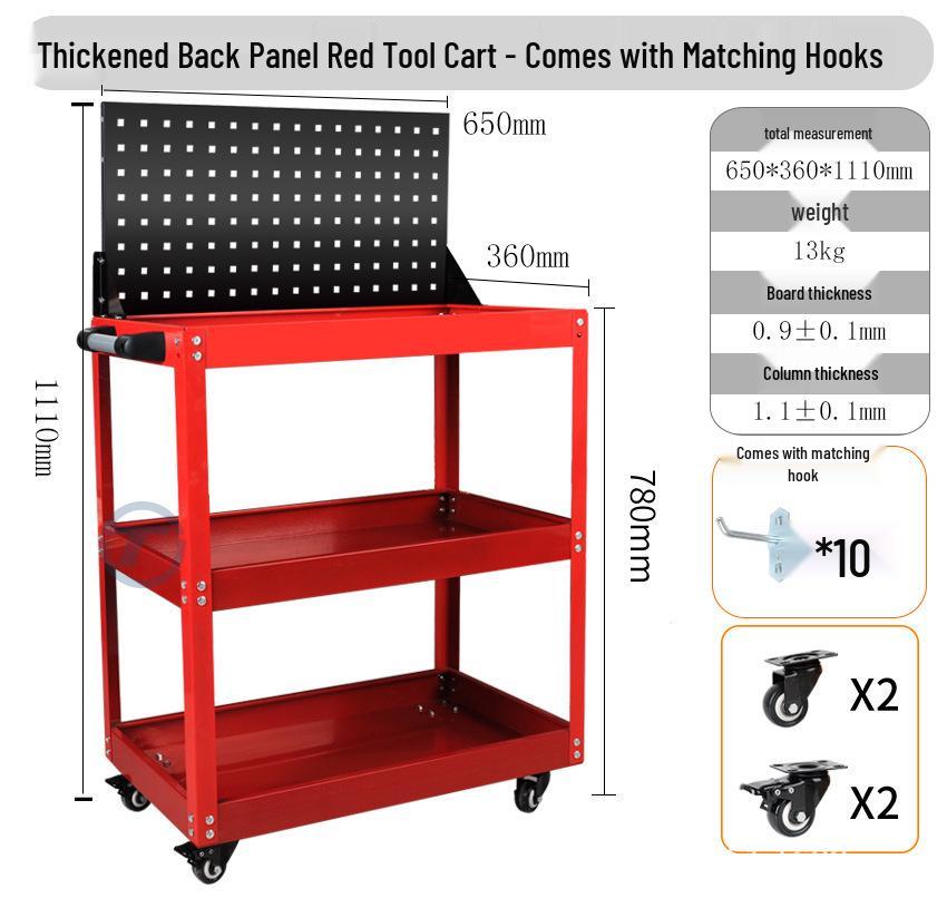 Three-Layer Tool Cart with Wheels & Pegboard - Universal Casters for Auto Repair