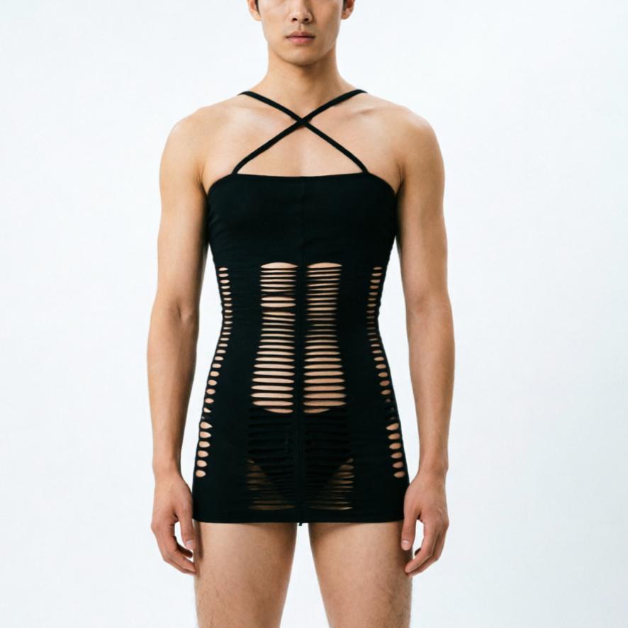 Sky Blue Male Sexy Lingerie For Men'S European Underwear Guy Hollow Out Fishnet Tops Black Color Mesh Clothes Hombre Lencería