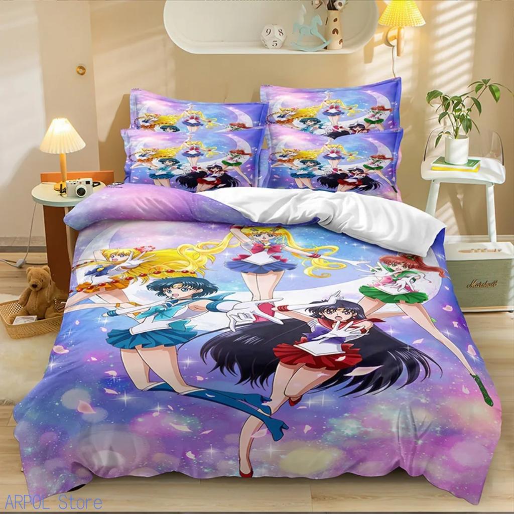 Kawaii Duvet Cover Sailor Moons Bedding Set for Girls 3D Pattern Pretty Girl Pink Comforter Twin Duvet Cover Set with Pillowcase