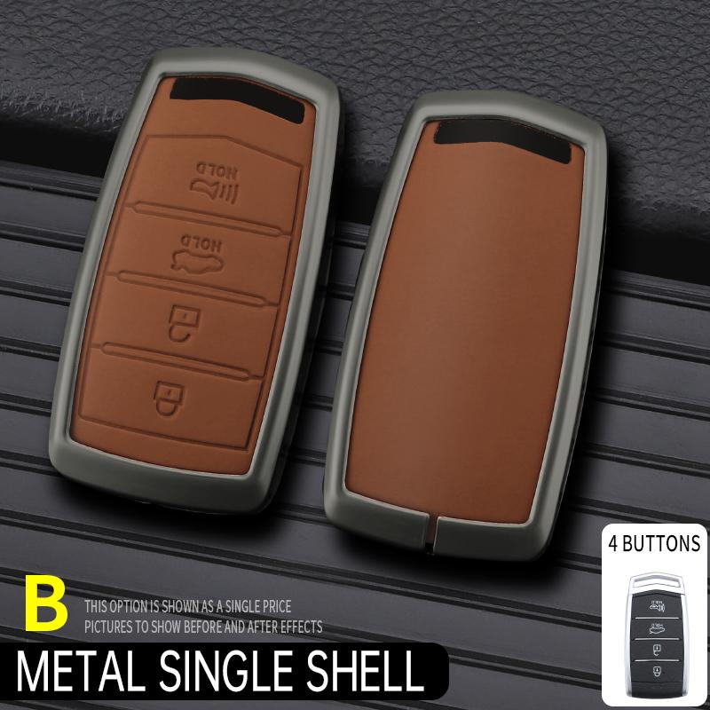 Zinc Alloy+Leather Car Key Case Cover Shell Fob For Hyundai Genesis G70 G80 Eq900 G90 Car Interior Keychain Accessories