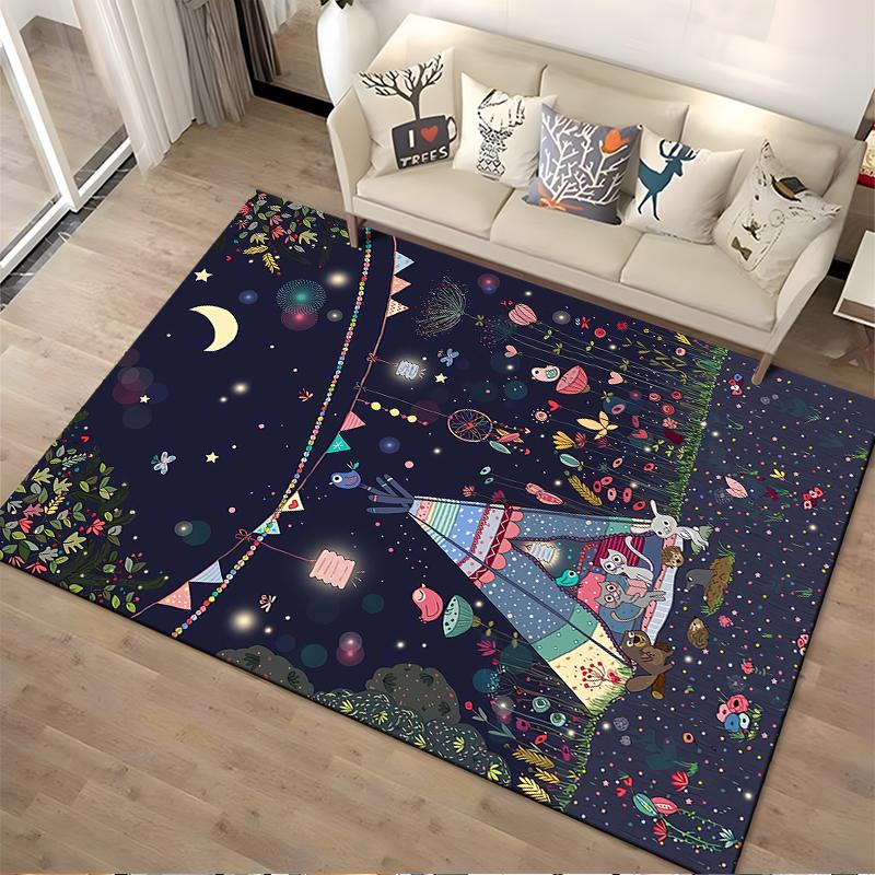 Whimsical Night Forest Carpet with Animals and Teepee Print Suitable for Use As an Anti-slip for Living Room Bedroom Sofas