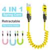 1/2PCS 4-in-1 Spring Data Cable & 65W Quick Charger: 6A USB Type-C Telescopic Wire Compatible with iPhone/iPad/MacBook/Huawei