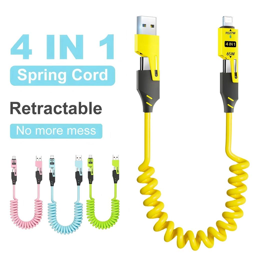 1/2PCS 4-in-1 Spring Data Cable & 65W Quick Charger: 6A USB Type-C Telescopic Wire Compatible with iPhone/iPad/MacBook/Huawei
