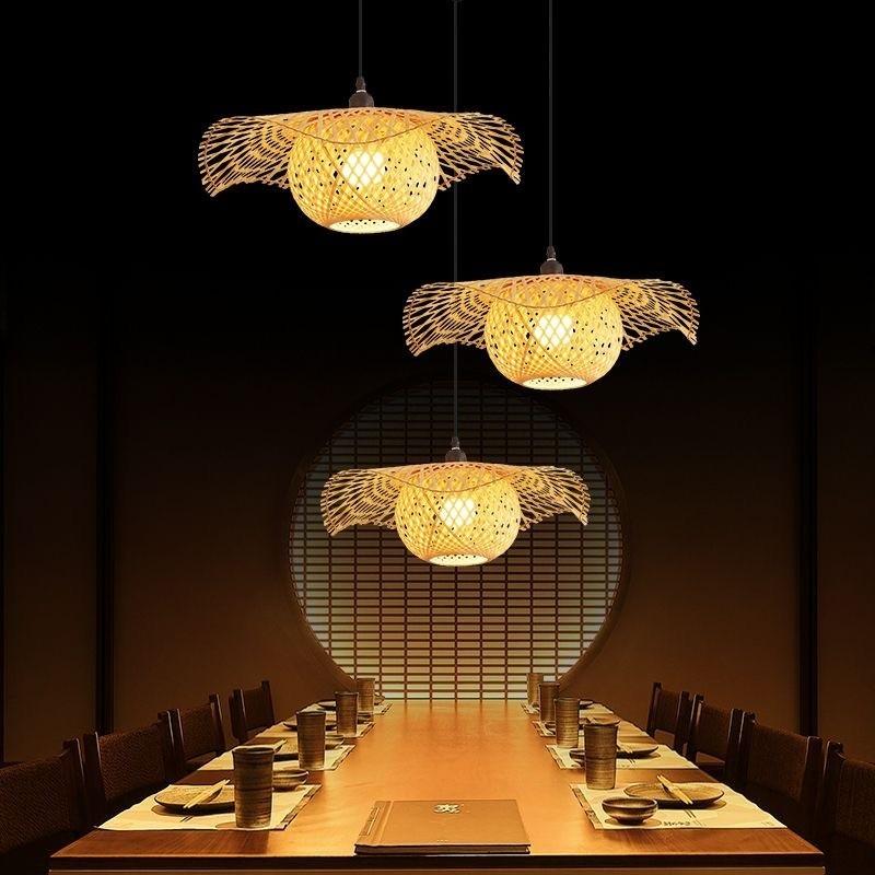 Bedroom Living Room Lantern Chandelier Stairs Retro Rattan Three-Head Hanging Light Bamboo Weaving Combination Creative Lamp