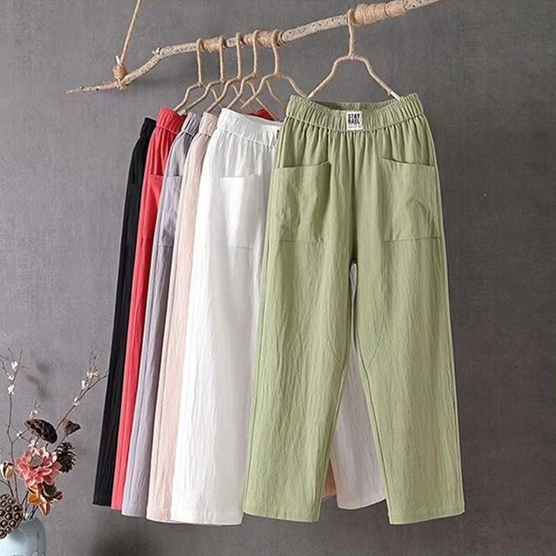 Sommer Damenhose Baumwolle Leinen Freizeithose Lose gerade Hose Neun-Punkt-Harenhose