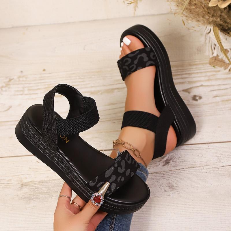 Women's Wide Width Platform Sandals, Elastic Slip-On Wedge Heels, Leopard Print Wholesale Slides for Women