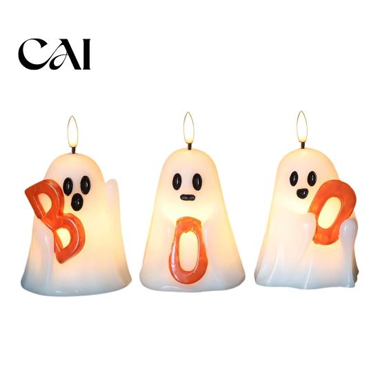 Small Desk Glow Props Halloween Ghost Flameless Candle, Cute Holding BOO Letter Tealight, Table Centerpieces Battery Operated LED Flickering Light for