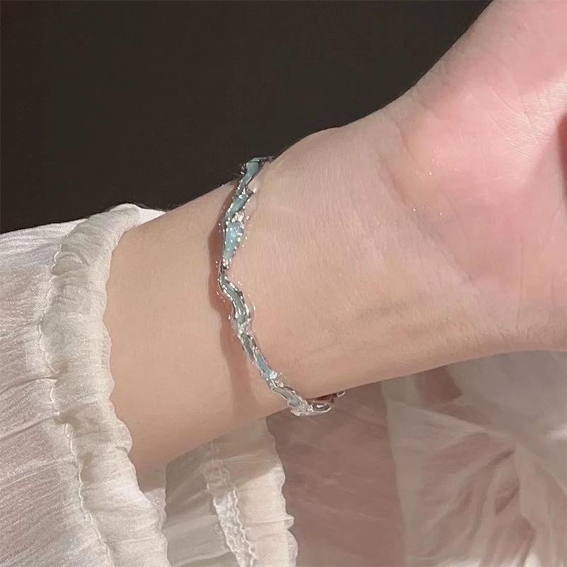Korean Style  Geometric Blue Wave Bangle Vintage Light Luxury Opening Adjustable Bracelet For Women Jewelry Gifts