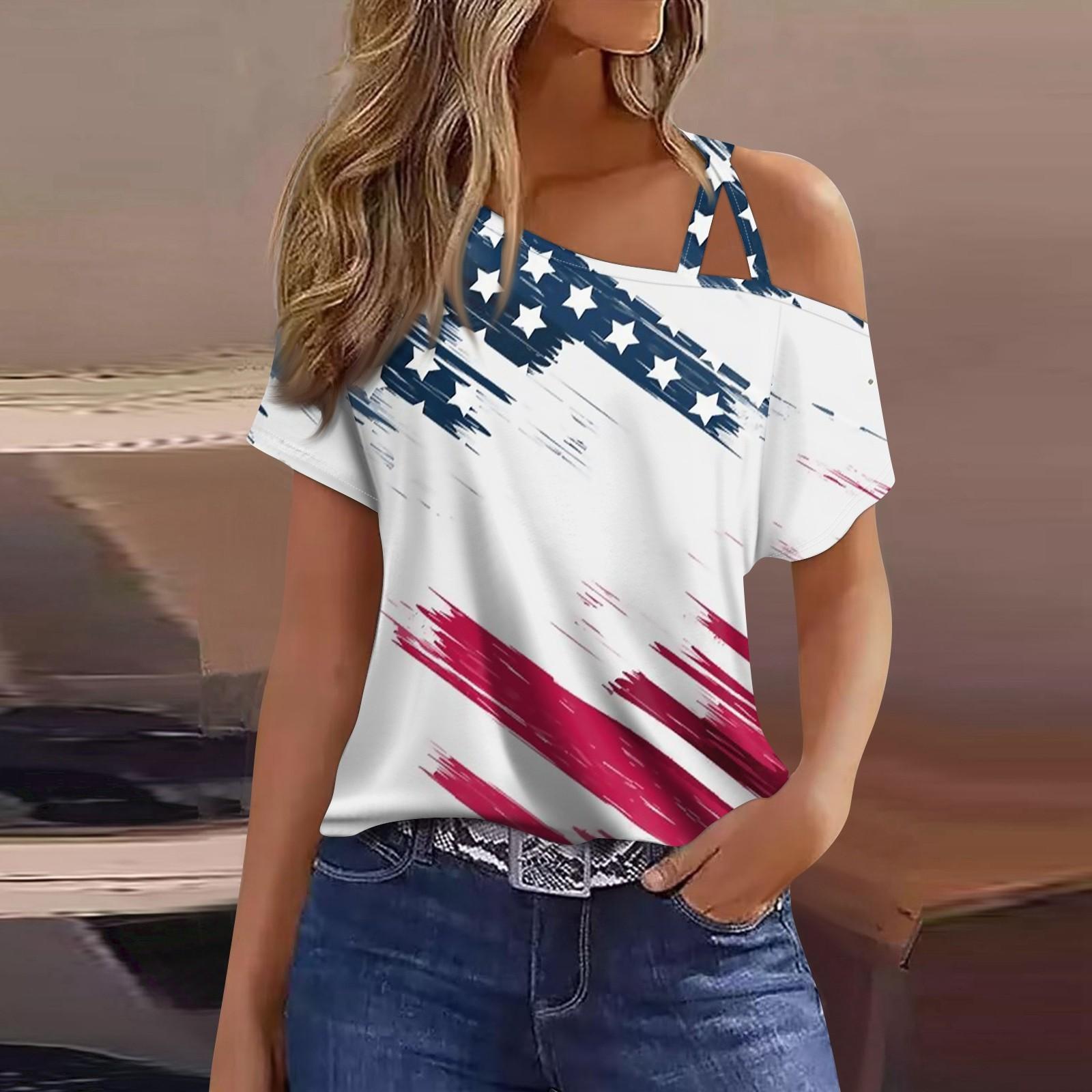

Женская мода, повседневная футболка с принтом на День независимости, сексуальная футболка с короткими рукавами и открытыми плечами, топ L белый