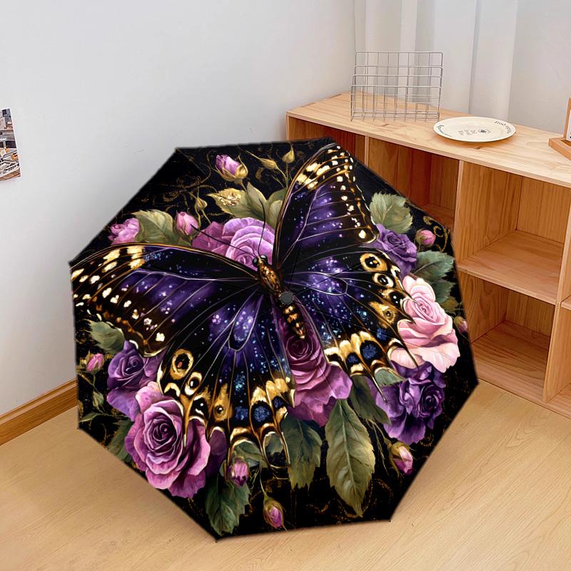 1 PC Automatic Folding Umbrella - Butterfly and Roses Pattern, Portable & Foldable Design with 8 Ribs, Christmas Birthday Gifts