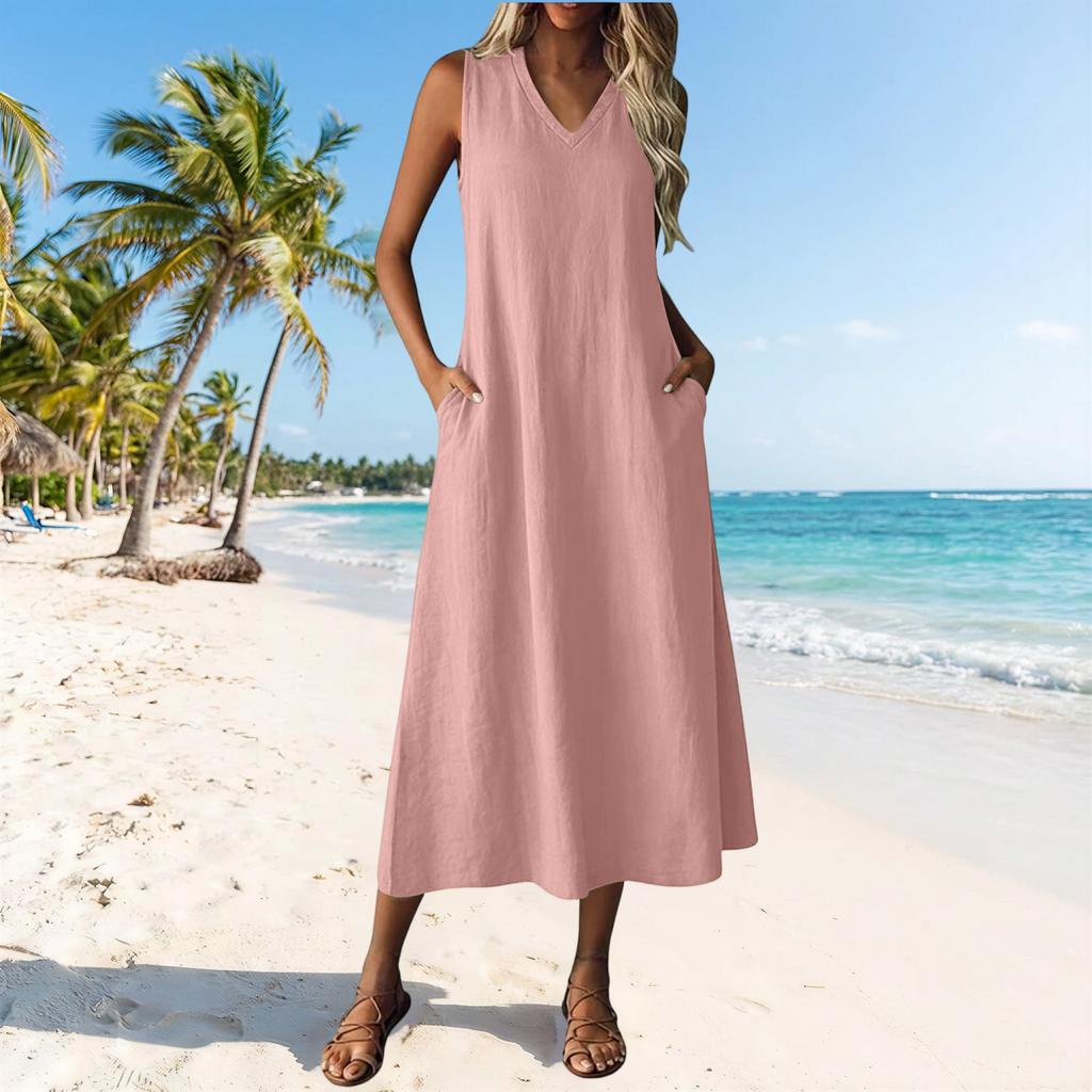 Women Sleeveless Casual V Neck Midi Dress with Zipper and Pockets Relaxed Fit Solid Color Tank Dress