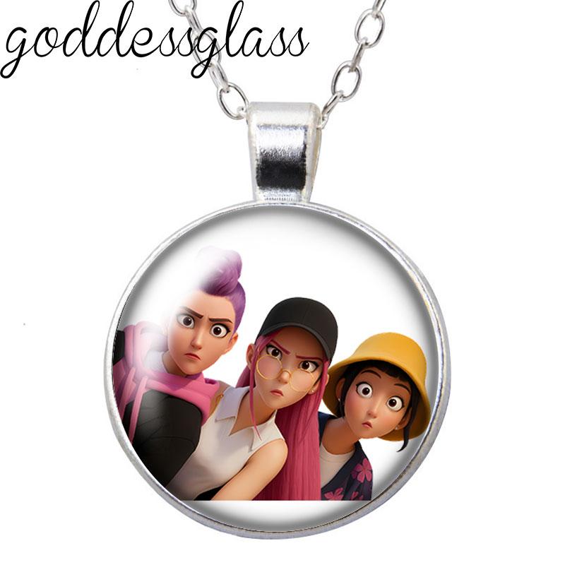 K-Pop Demon Hunter Anime Film Rumi Zoey Mira Cartoon Round Photo Glass cabochon silver plated pendant necklace jewelry Gift