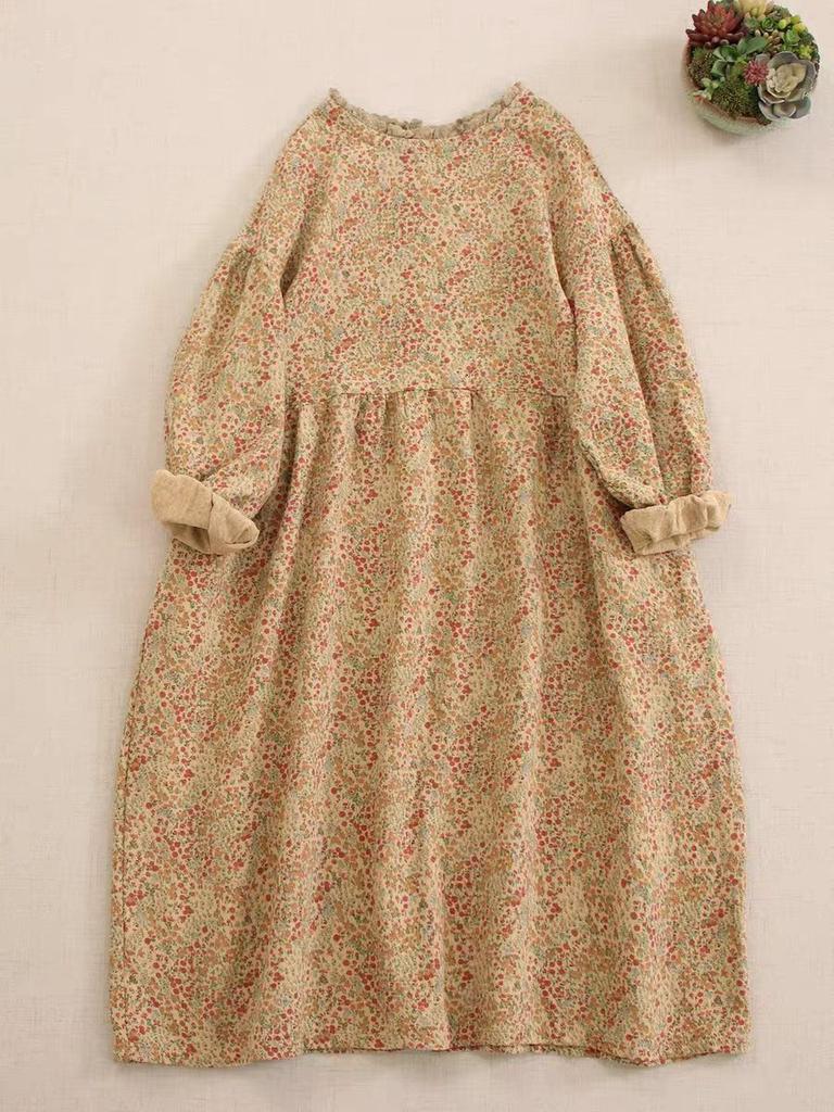 Sweet floral long-sleeved dress women's loose versatile fungus lace collar printed medium and long skirt