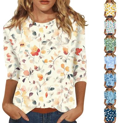 Women's Fashion Casual Round Neck Printed 3/4 T-shirt Top