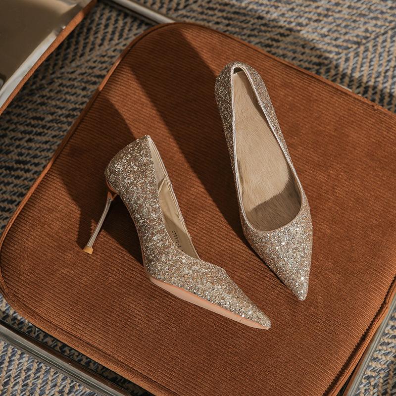 8819 Französische spitze High Heels Damen 2025 neue Kristall Pailletten Hochzeitsschuhe silber Brautjungfer Schuhe Stiletto Schuhe