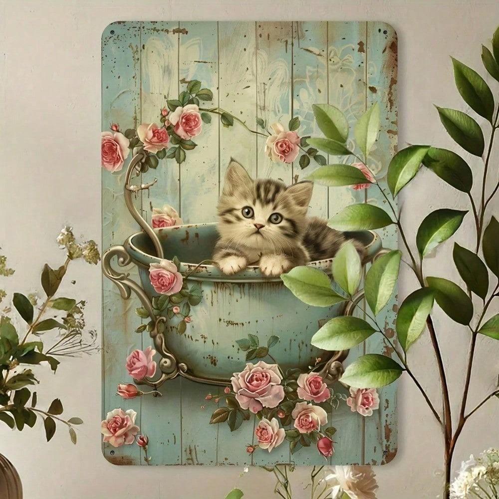 Vintage Cat Bathing Metal Tin Sign Retro Foil Engraved Iron Wall Decor Indoor Outdoor Floral Feline Hanging Art Home Garden Ornament