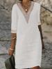 New Solid Color V-Neck Mid-Sleeve Cotton Elegant Dress