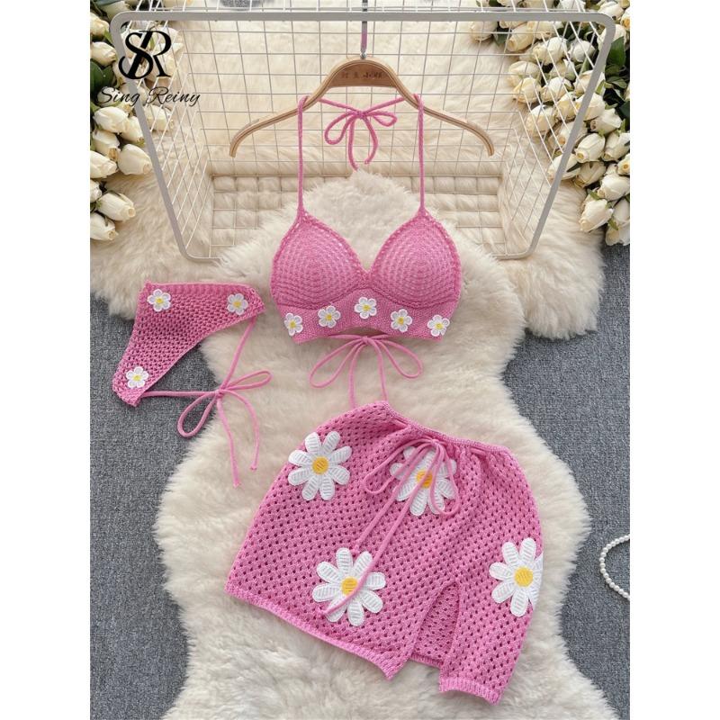 Korean Hollow Out Knitted Suits Women Halter Lace Up Bow Backless Tank Top+Drawstring Split Mini Skirt Two Pieces Sets