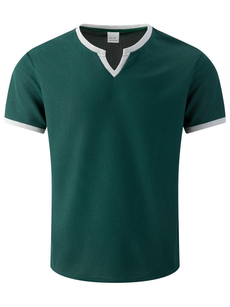 Mens Waffle Solid Color V Neck Short Sleeve Loose Casual T Shirt Mens Tops