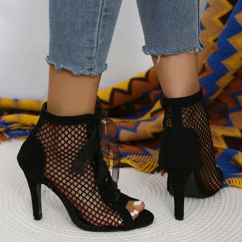 Fashion 2025Women's Fashion Stiletto Sandals Summer New Round Head Front Lacing Net Fabric Hollow-out Anti-slip Wear-resistant