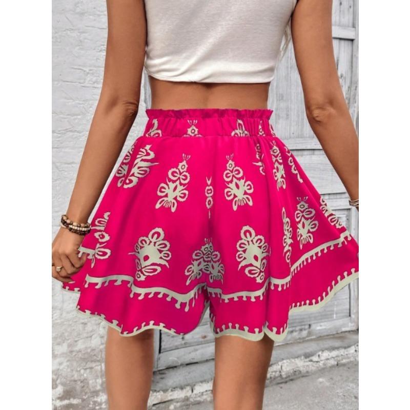Fashion Summer Bohemian Vacation Women's Wide Leg Shorts High Waisted Casual Loose Female Shorts Printed Vintage Women's Beach Pants New