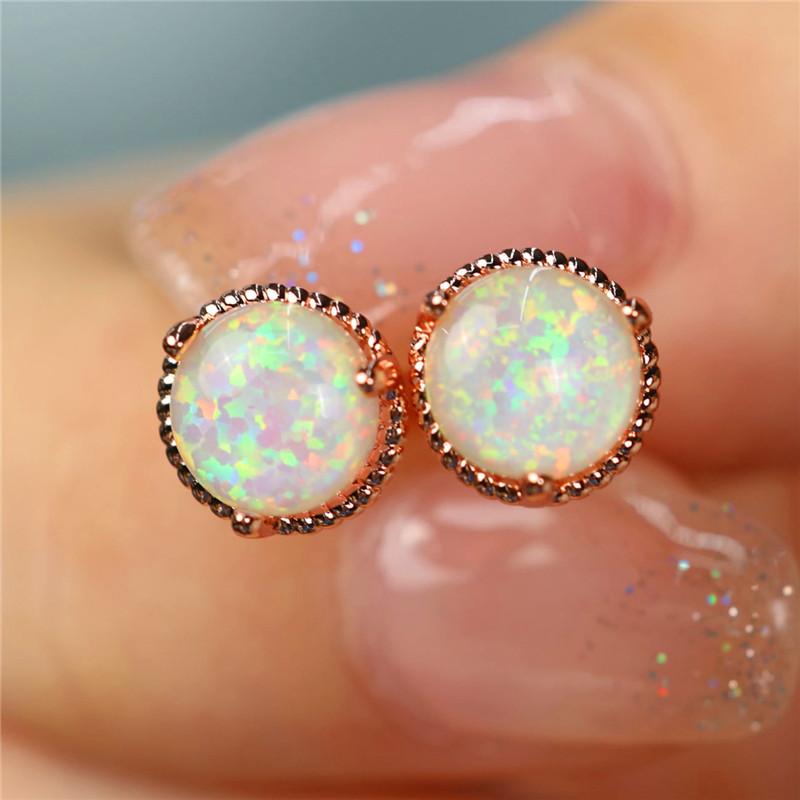 

Female Small White Round Fire Opal Stone Stud Earrings Trendy Yellow Gold Color Wedding Jewelry For Women