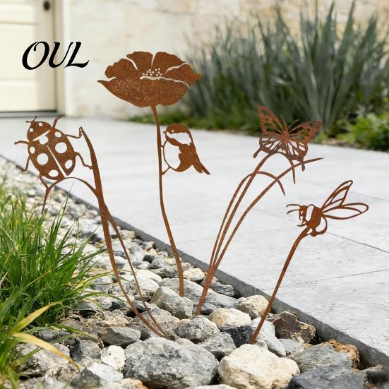 Flower Pot Inserts Rusty Silhouette Garden Stake, Rustic Insert for Patio, Vintage Iron Art Bird Bee Butterfly And Ladybug Design Metal Outdoor