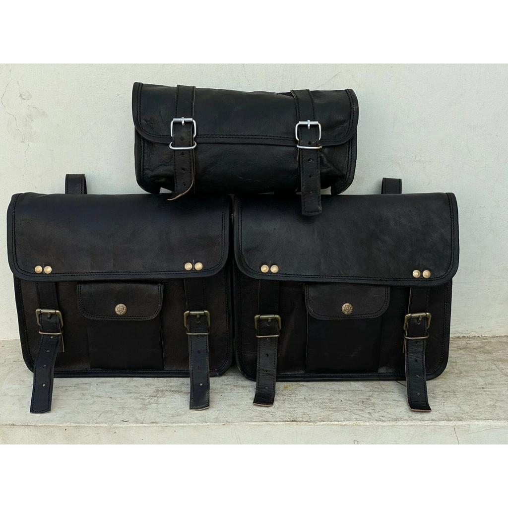 Leather Motorcycle Saddle Bag Two Black Leather 2 Side Pouch & 1 Pouch Panniers (3 BAG)