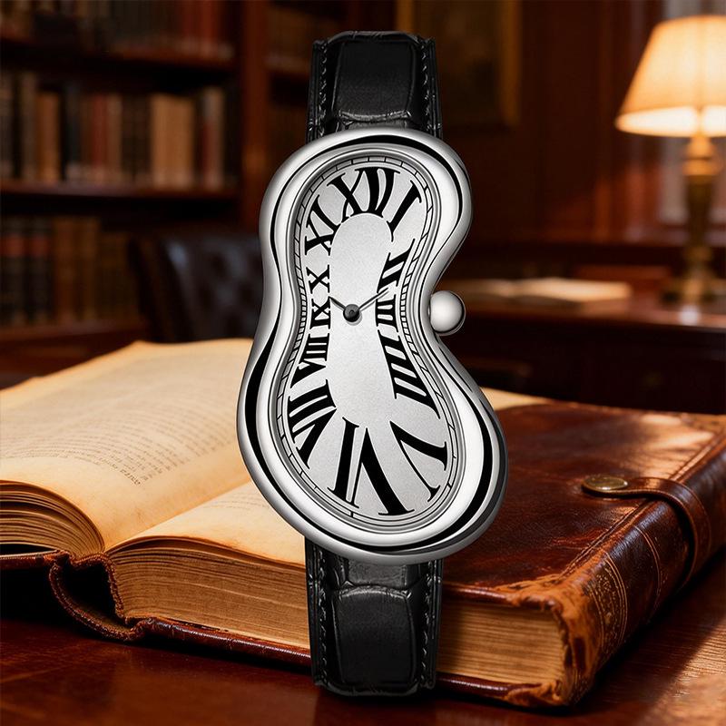 Vintage Roman Numeral Men's Quartz Watch with Irregular Twist Design and Leather Strap