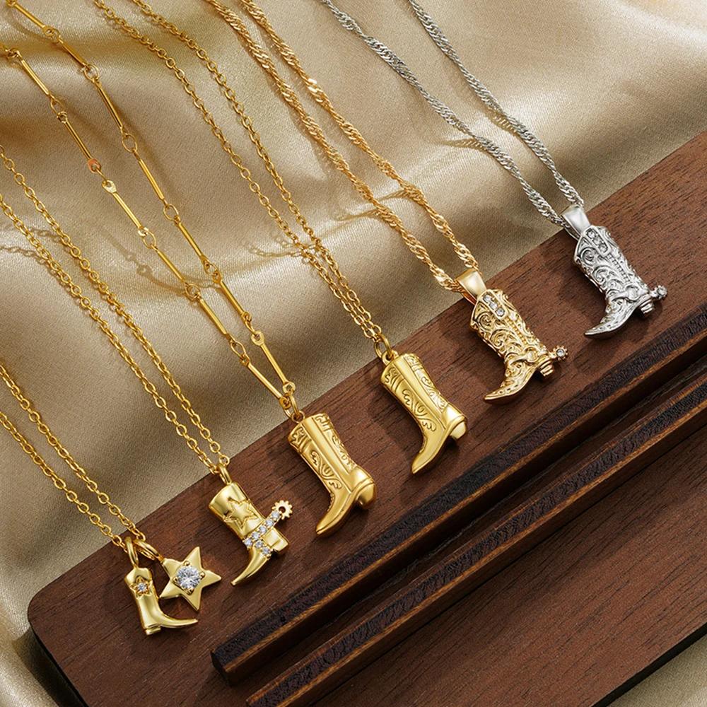 316 Stainless Steel Waterproof Denim Boots Pendant Necklace Cool Cowgirl Cowboy Boot Hat 18K Gold Plated Collar Necklaces Gifts