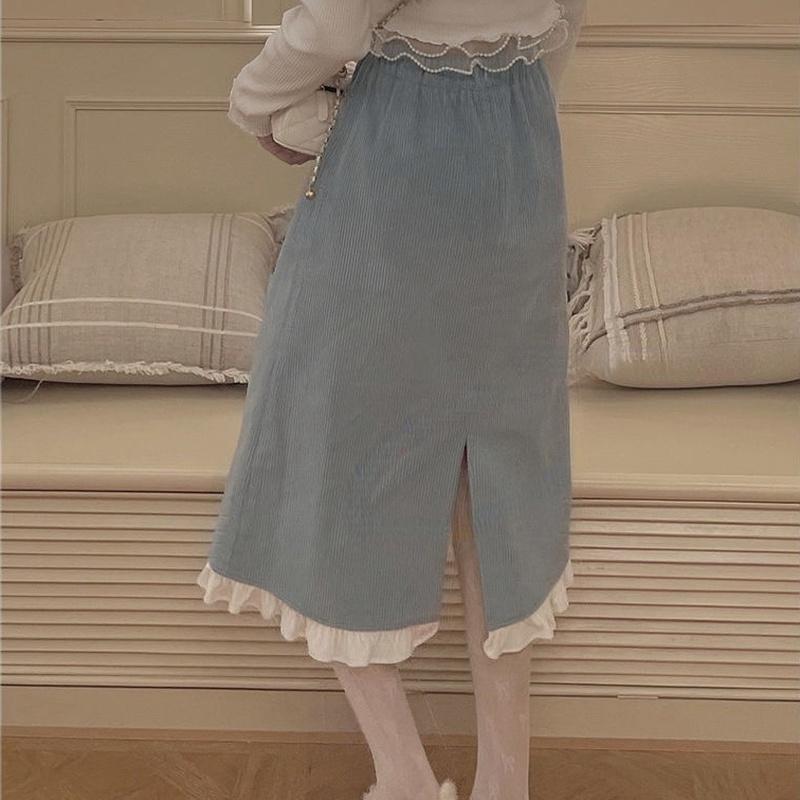 Falda Midi japonesa de pana Vintage para mujer, diseño de telas combinadas con volantes, faldas con abertura, suaves, para Otoño e Invierno