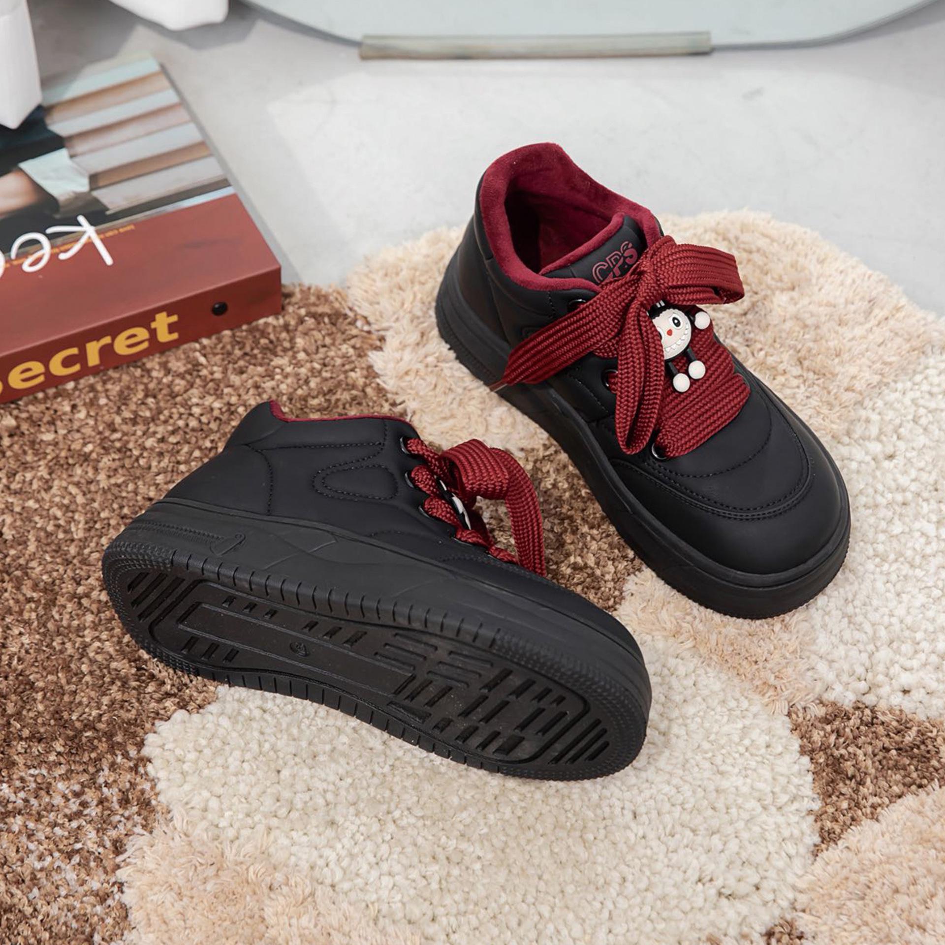 

Autumn/Winter Fleece-Lined Women s Canvas Mid-Top Shoes with Cartoon Decor, Thick Sole, Height-Boosting, Casual Trendy Cool Style 36 червоний/чорний