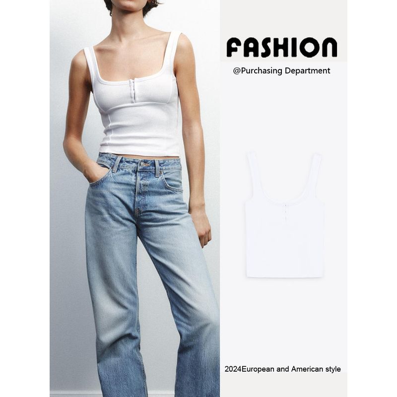Za2025 Spring New Women's Clothing Silm Press Ornament Shoulder Strap Minimalist Easiest for Match Round Neck Camisole Tops 4424312
