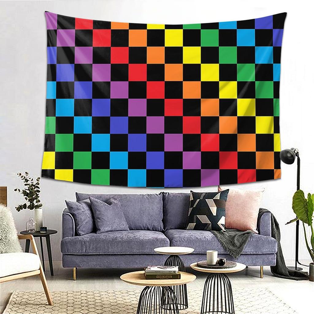 Checkered Rainbow Black Tapestry Decor Art Aesthetic Tapestries for Living Room Bedroom Home Wall Cloth Wall Hanging
