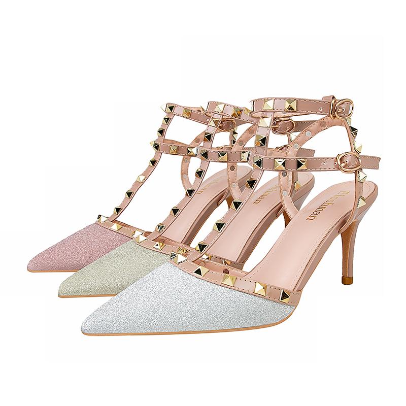 Fashion 2025 New 7CM PUMPS High-heeled Shoes Female Pointed Stiletto Sexy Nightclub Word With Rivets Wild Sandals Female Summer
