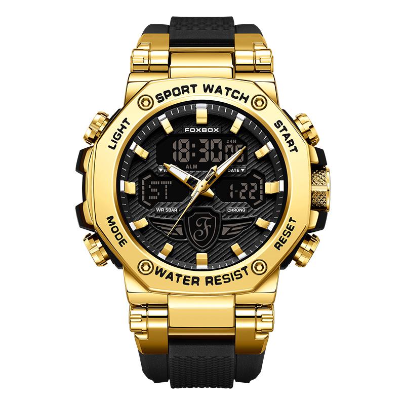 For FB0062 Luxury Gold Sport Watch Men 50m Waterproof Quartz Luminous Hands Chronograph Digital Watch Alarm Stop Silicone Watch