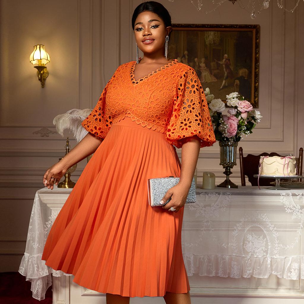 Lace Patchwork Pleated Midi Dresses for Women with V Neck Hollow Out Lantern Sleeves for Weddings Party and Special Occasions