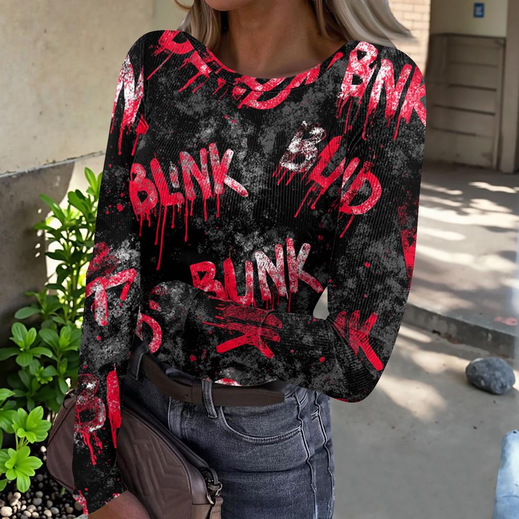Womens Casual Long Sleeve Ribbed Top Halloween Print Round Neck Slim Fit Stretchy Pullover Shirt